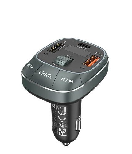 Vention 3-Port USB (C + A + A) Car Charger with FM Transmitter (30W/18W/5W) Black ABS Type