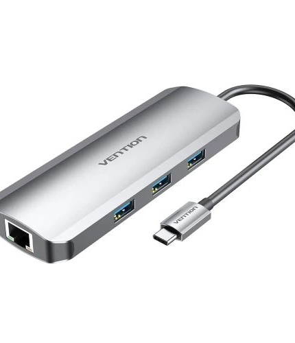 Vention USB C Multi-function 9 in 1 Docking Station HDMI/USB3.0x3/RJ45/SD/TF/TRRS 3.5mm/PD Docking Station 0.15M Gray Aluminum Alloy Type (100w)