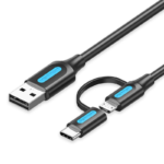 Vention USB 2.0 A Male to 2-in-1 Micro-B&USB-C Male 3A Cable 0.5M Gray Aluminum Alloy Type